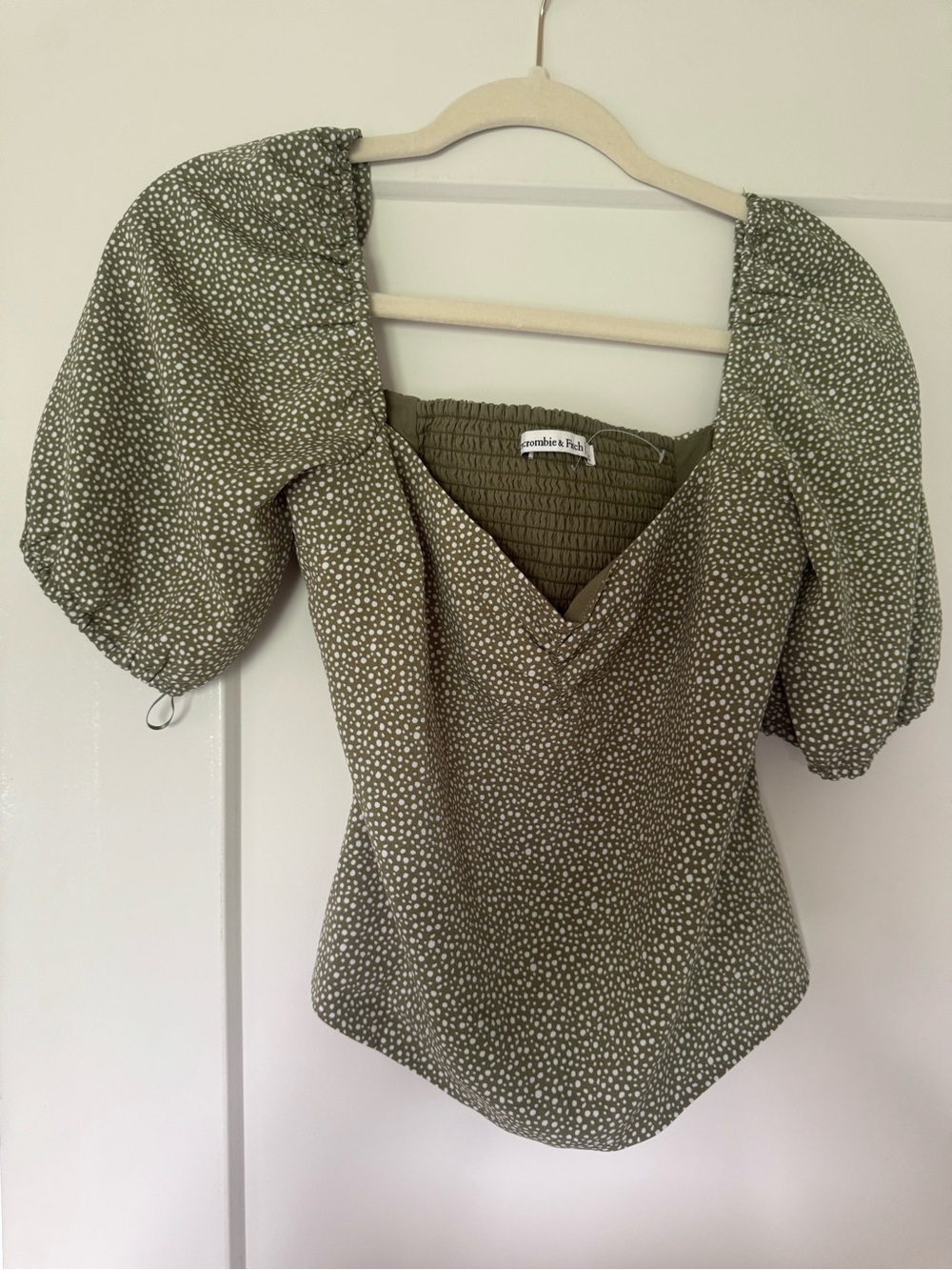 Abercrombie & Fitch Olive Green Puff Sleeve Square Neck Blouse
